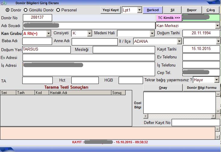 DONÖR KAYDI Aferez Sisteminde, donörlere ait
