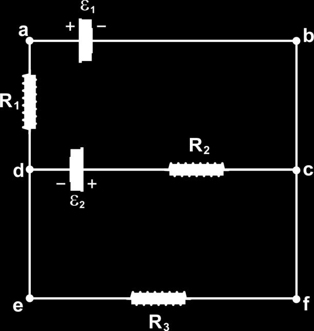 a) c düğüm noktası için: I 1 + I 2 + I 3 = 0 (1) A (abcda) kapalı çevrimi: V = 0 ε 1 + I 2 R 2 ε 2 I 1 R 1 = 0 (2) B (dcfed) kapalı çevrimi: V = 0 ε 2 I 2 R 2 + I 3 R 3 = 0 (3) b) V c V