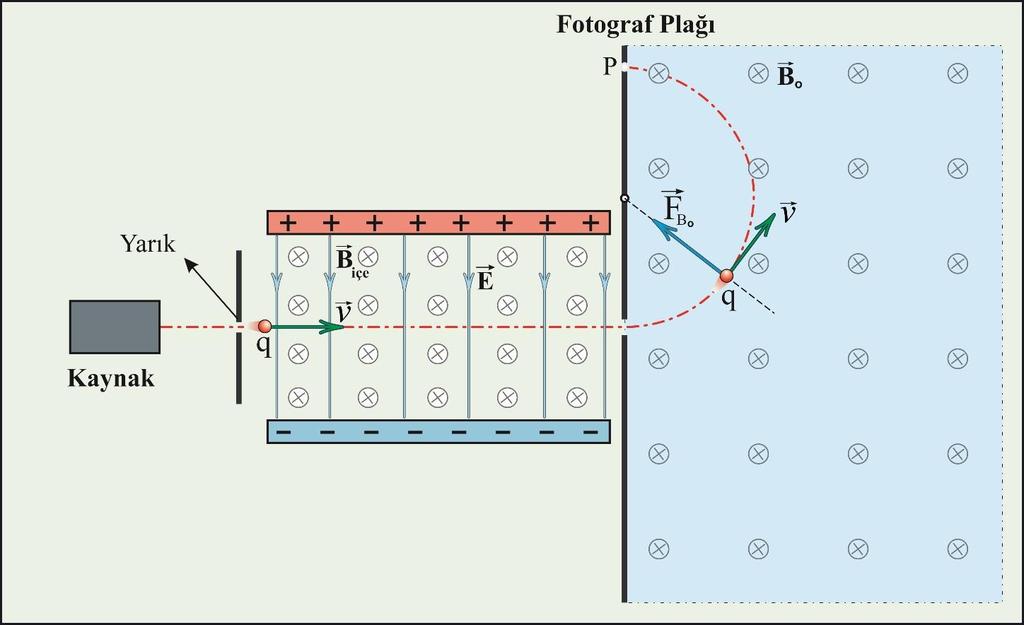 Yüklü parçacığın dinamiğinden F Net = ma r qvb = m v2 r m q = rb ob E q pozitif ise iyonlar şekildeki yolu izleyerek P