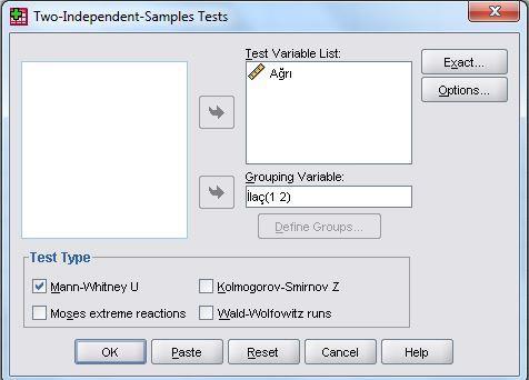 Karşınıza çıkan ekranda bağımlı değişkeni Test Variable List kısmına, grup değişkenini de Grouping Variable kısmına gireceğiz.