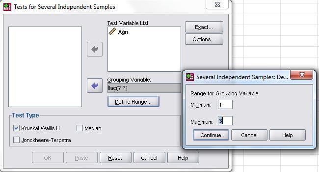 Çıkan ekranda bağımlı değişkeni Test Variable List kısmına grup değişkenini de Grouping Variable kısmına gireceğiz.