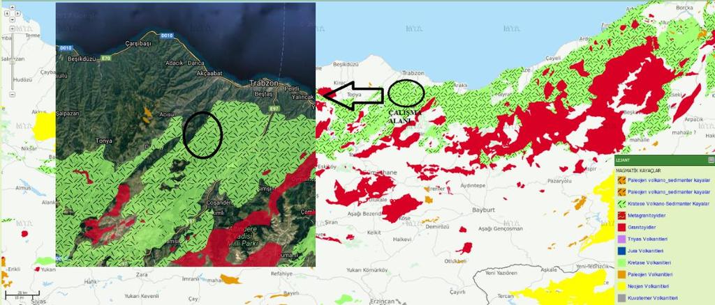 deneyleri yapılmıştır. Deneyler Çalışma Alanının Konumu ve Jeolojisi Trabzon yöresinde ki volkanik kayaçlar genel olarak denize paralel bir şekilde istiflenmiştir.