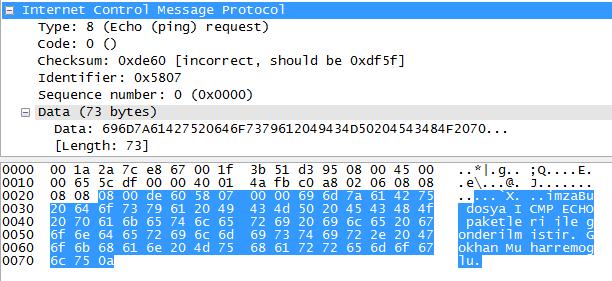 Gönderilen paket içeriği: Şekil 14 ICMP Mesajları ile dosya yollanabildiği gibi, bu mesajlar ile tünelleme de yapılabilmektedir.