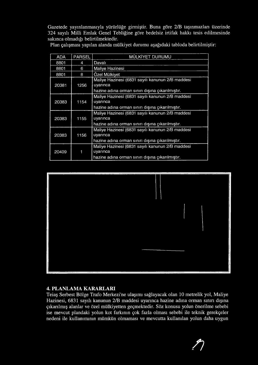 Plan çalışması yapılan alanda mülkiyet durumu aşağıdaki tabloda belirtilmiştir: ADA PARSEL MÜLKİYET DURUMU 8801 4 Davalı 8801 6 Maliye Hâzinesi 8801 8 Özel Mülkiyet 20381 1256 20383 1154 20383 1155