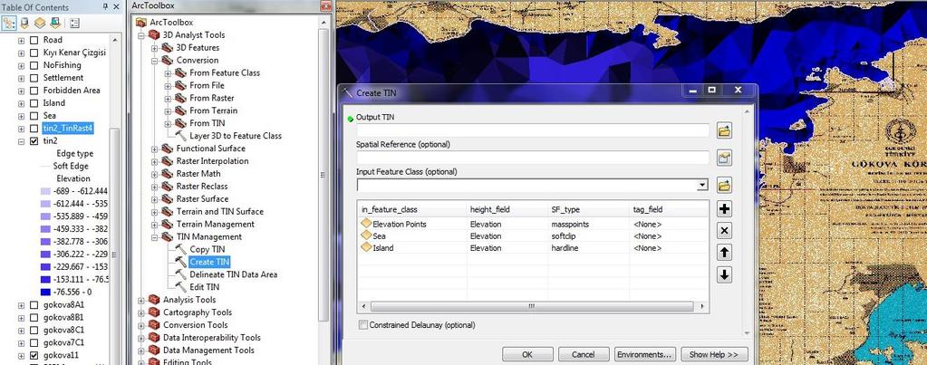 Çalışmanın işlevsellik ve görsellik yönünün ortaya çıkması amaçlanmıştır. ArcToolbox menüsünden 3D Analyst Tools altında TIN Management menüsünde bulunan Create TIN seçilmiştir.