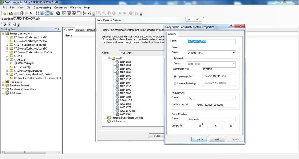 ARCGIS Yazılımı ile Kıyı Bilgi Sistemi Sayısallaştırma Uygulaması, Gökova Örneği Verilerin düzenlenebilmesi için, ArcCatalog programında coğrafi bir veritabanı oluşturulur.