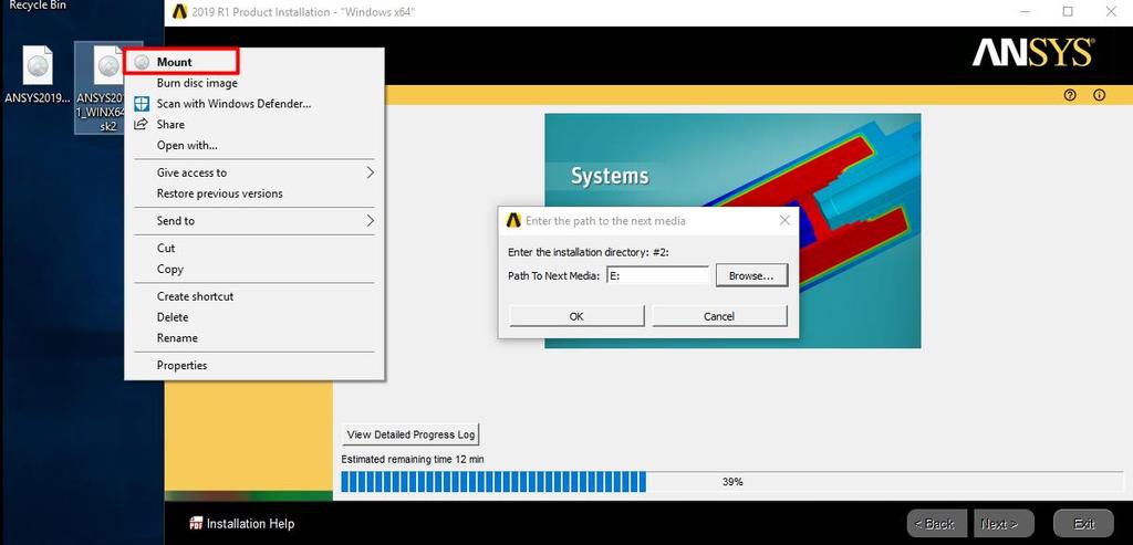 ANSYS 2019 R1 Kurulumu Disk1 kurulumu bittiğinde Disk2 için sürücü yolu