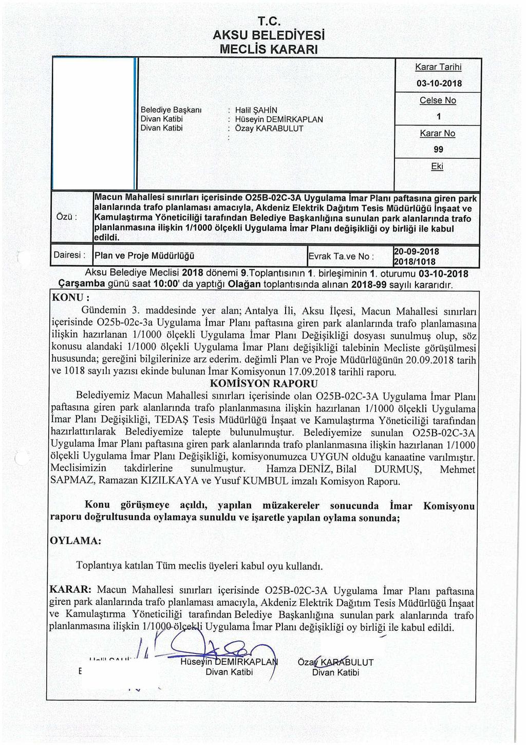 T.C. AKSU BELEDİYESİ MECLİS KARARI Karar Tarihi Belediye Başkanı Divan Katibi Divan Katibi : Halil ŞAHİN : Hüseyin DEMİRKAPLAN : Özay KARABULUT 03-10-2018 Celse No 1 i Karar No 99 Eki Özü: