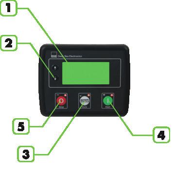 Kontrol Panel Kontrol Modülü DSE Kontrol Modül Model P452 1. LCD genel durum ve ölçme b lg ler gösterme ekranı. 2. Menü nav gasyon butonları 3. Otomat k konum. 4. Manuel (el) konumu / start butonu 5.