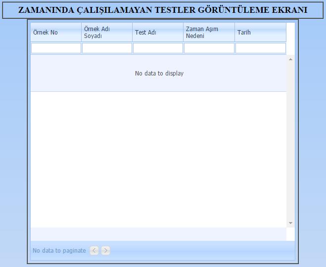 yüklü ise bu düğme ile yetki dahilindeki diğer testlerinde sayfaya gelmesini sağlar. 2.18.3 Hastanın Zaman Aşım Testleri: Hastaya ait zamanında çalışılmayan testlerin görüntülendiği sayfayı açar. 2.18.4 Ünite Onayla: Sayfaya yüklenen hastanın bu menünün açıldığı ünitedeki tüm testlerini onaylar.