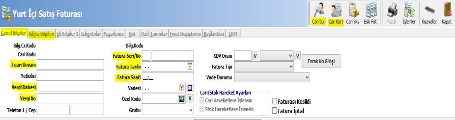 Satış Faturası Erp programından SATIŞ YÖNETİMİ menüsü altında yer alan YURTİÇİ SATIŞ FATURASI tıklanır. YURTİÇİ SATIŞ FATURASI penceresinde karşınıza çıkan ilk sekme GENEL BİLGİLER olacaktır.