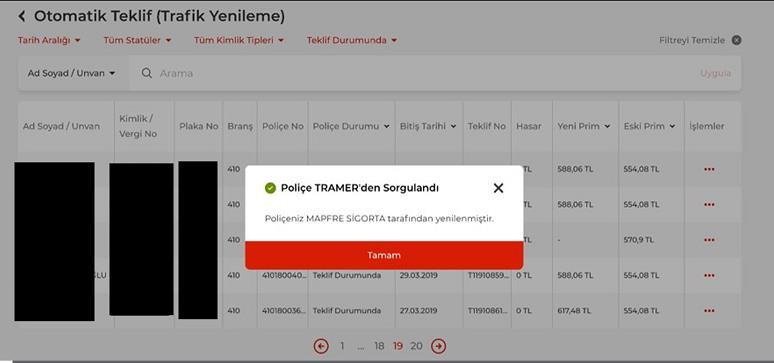 yenilenmediği bilgisine ulaşmak için TRAMER den sorgulama