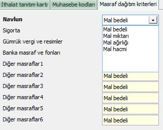 İthalat Tanıtım Kartı Masraf Dağıtım Kriterleri Sekmesi Masraf dağıtım kriterleri sekmesinde, malların ithali sırasında yapılacak tüm masrafların alt alta sıralandığını göreceksiniz.