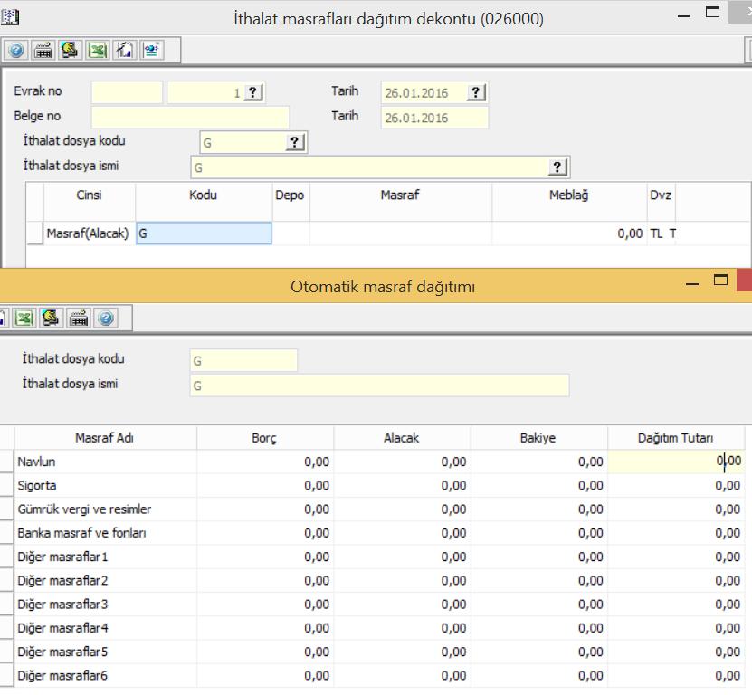 İthalat Masrafları Dağıtım Dekontu (026000) Bu dekontta ithalat masraflarının masraflara veya stoklara dağıtımı yapılır.