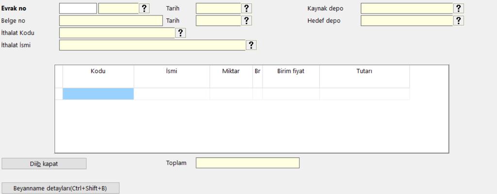 Antrepolardan Mal Millileştirme Fişi (012610) Parametre Girişleri Programı çalıştırdığınızda öncelikle yapmanız gereken, millileştirme fişinin evrak numarası ve tarihi ile belge numarası ve