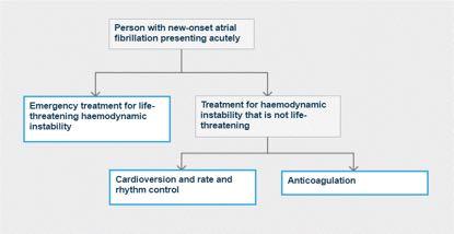 Akut AF ile gelen hasta Hayatı tehdit edici hemodinamik instabiliteye yönelik Acil tedavi Hayatı tehdit etmeyen hemodinamik instabiliteye