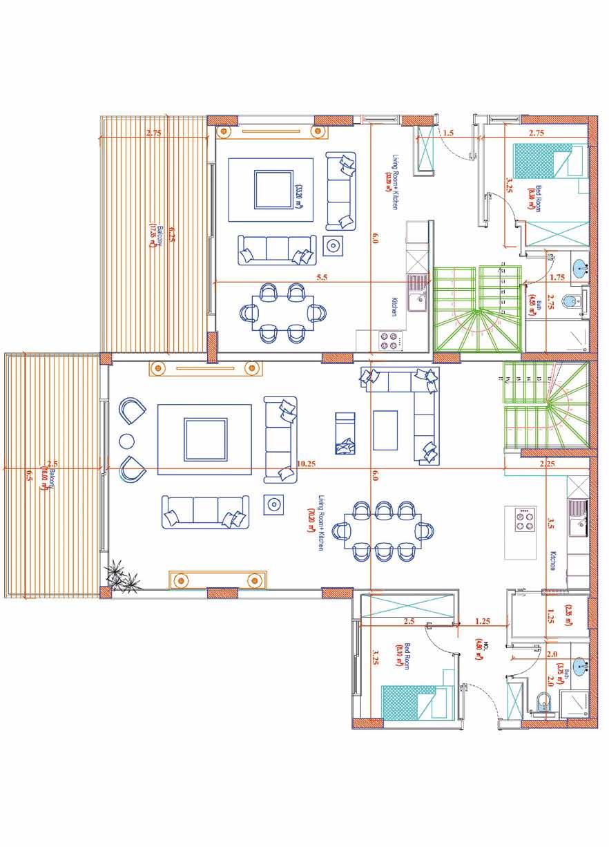 Type 2 Ground Floor 2 Duplexes Salon + Mutfak 70,20 m² Yatak Odası 8,10 m² Kiler 2,35 m² Banyo 3,75 m² Hol 4,80 m² Teras 16,00 m² Toplam Net 168,20 m²