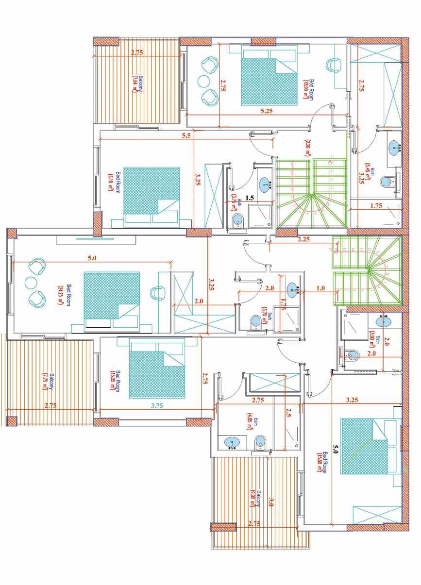 Type 2 First Floor 2 Duplexes Ebv. Yatak Odası 18,90 m² Yatak Odası 8,10 m² Ebv. Banyo 5,45 m² Hol 2,20 m² Teras 7,64 m² Toplam Net 145,80 m² Toplam Brüt 170,12 m² Ebv.