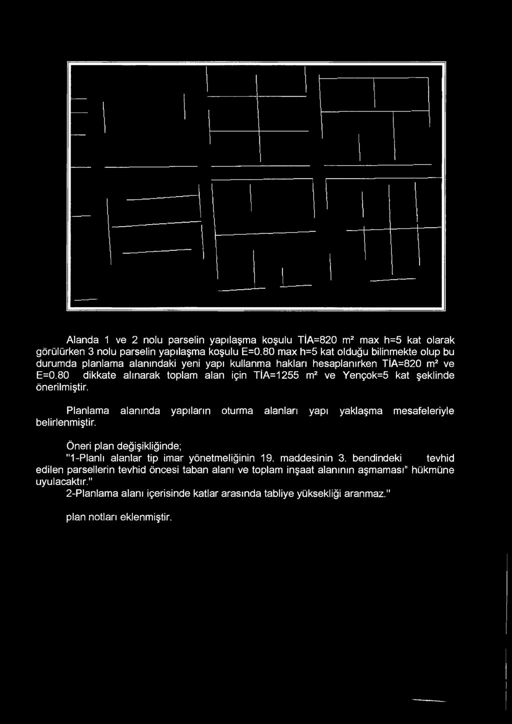 80 dikkate alınarak toplam alan için TİA=1255 m2 ve Yençok=5 kat şeklinde önerilmiştir. Planlama alanında yapıların oturma alanları yapı yaklaşma mesafeleriyle belirlenmiştir.