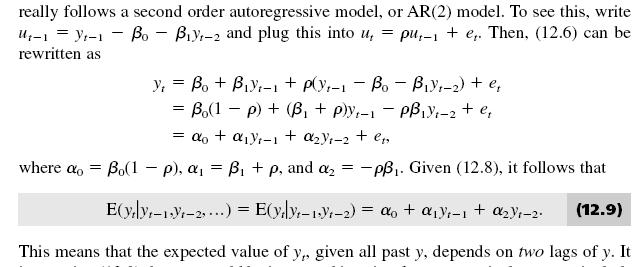 Yani, hata terimlerinin serial correlation içerdiği ve y(t-1) in bağımsız değişken olduğu (12.6) daki regresyonda OLS betaları tutarlıdır (consistent). Çünkü bu betalar (12.