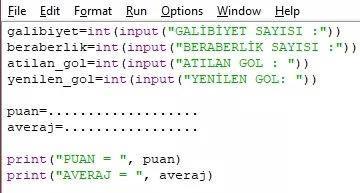 Verilen kodlarda atılan gol sayısı ve yenilen gol sayısına göre, takımın averajı hesaplanacaktır. averaj değişkeninin hesaplanması için nasıl bir formül yazılmalıdır?