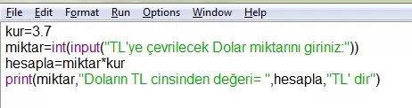 a) kilosu=80 (Tamsayı - İnteger) b) sehir="istanbul" ( Karakter Dizisi -String) c) veriler= (sehir,kilosu,sayi,ortalama) (liste list) d) sayi=34 (Tamsayı - İnteger) e) ortalama= 84.