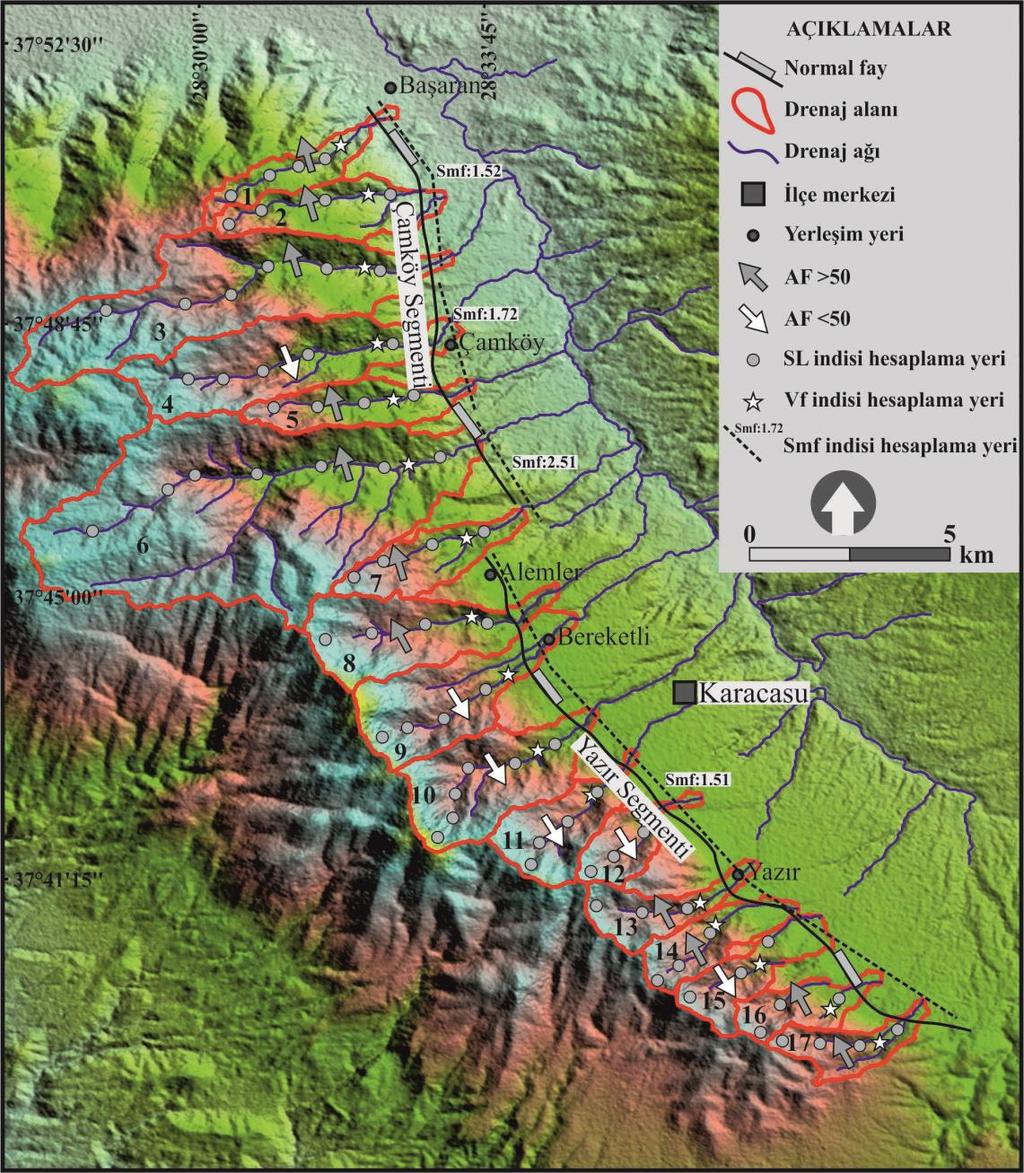 4.2. Yazır Segmenti Karacasu Fayı nı oluşturan segmentlerden birisi olan Yazır segmenti boyunca uzanan dağ önleri için Smf değeri 1.51 olarak hesaplanmıştır (Şekil 6) (Tablo 1). El Hamdouni vd.
