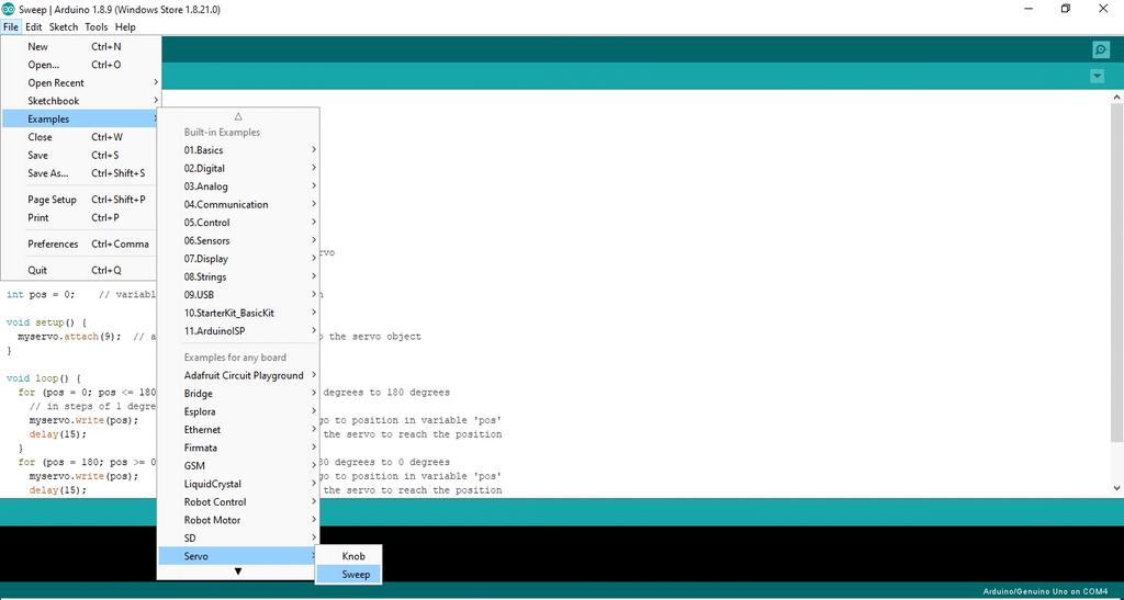 BÖLÜM 3 3.1 örnek projeler 3.1.1 Arduino Ile Servo Motor Kontrolu Bu Örnek Arduino İDE ile Gelmektedir Arduino İDE Programı Açtıktan Sonra > FILE > EXAMPLES > SERVO > SWEEP Şekil gibi Şekil 3.