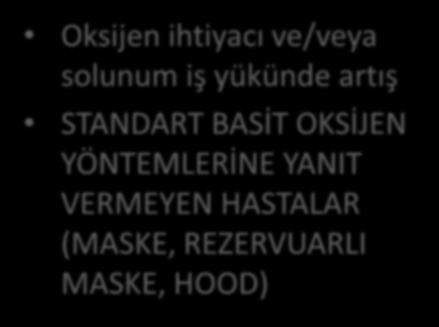 YANKOT ENDİKASYON Oksijen ihtiyacı ve/veya solunum iş yükünde artış STANDART BASİT OKSİJEN