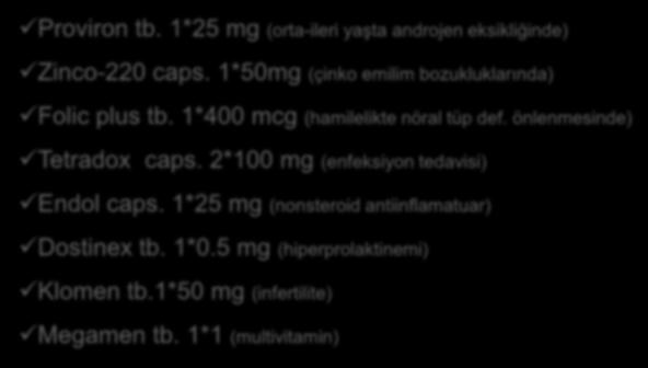 Ampirik Tedavi Reçete Örneği (Adana/Türkiye) Proviron tb. 1*25 mg (orta-ileri yaşta androjen eksikliğinde) Zinco-220 caps. 1*50mg (çinko emilim bozukluklarında) Folic plus tb.