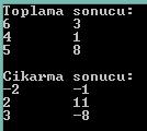 Verilen 3x2 lik 2 matrisi toplayan ve farkını alan program: int mat1[3][2]=2,1,3,6,4,0, mat2[3][2]=4,2,1,-5,1,8, toplam[3][2], fark[3][2]; printf("toplama sonucu:\n"); for(int i=0;i<3;i++) for(int