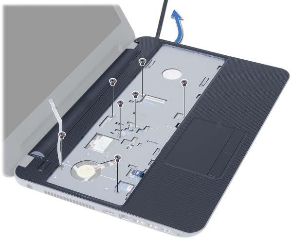5 Avuç içi dayanağını sistem kartına sabitleyen vidaları çıkarın. 6 Plastik bir çubukla avuç içi dayanağı üzerindeki tırnakları bilgisayar tabanındaki yuvalardan yavaşça kaldırıp bırakın.