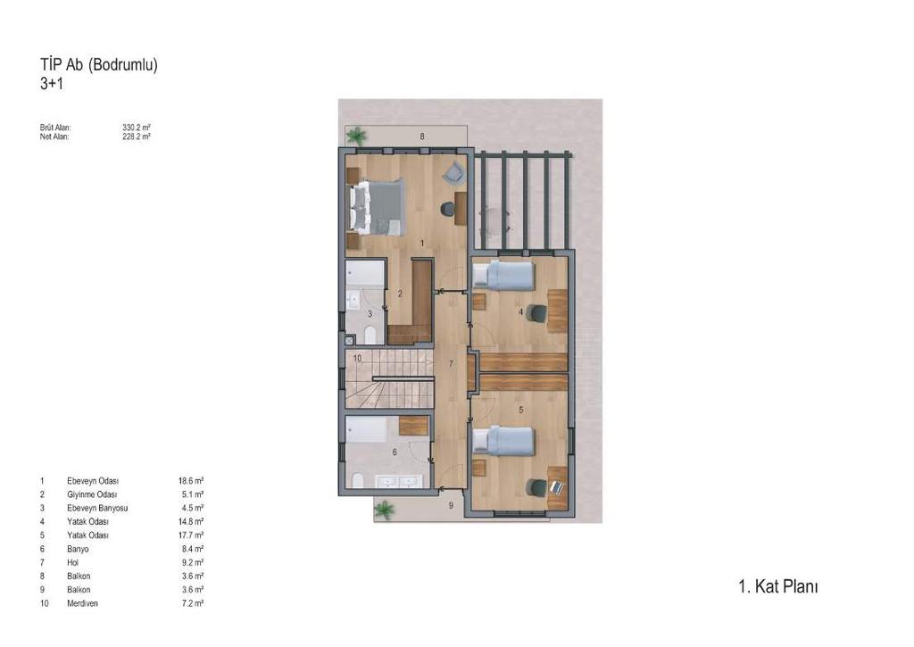 10 3 6 2 9 7 1 8 5 4 1- Ebeveyn Odası 18 m² 2- Giyinme Odası 5.1 m² 3- Ebeveyn Banyosu 4.4 m² 4- Yatak Odası 14.