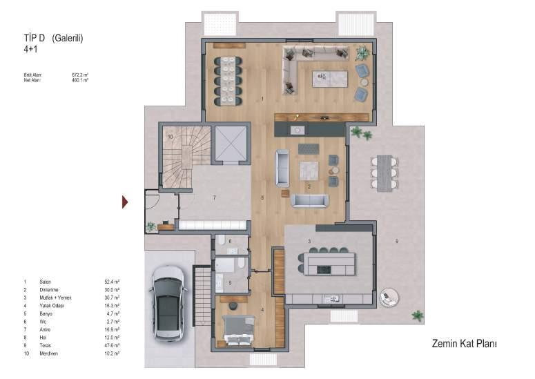 7m² 7- Antre 16,9m² 8- Hol 12 m² 9- Teras 47,6 m² 10- Merdiven 10.