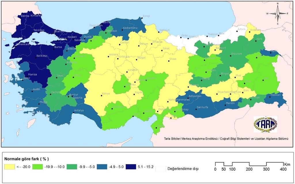 İllere göre 2014 yılı buğday verim tahmin haritası