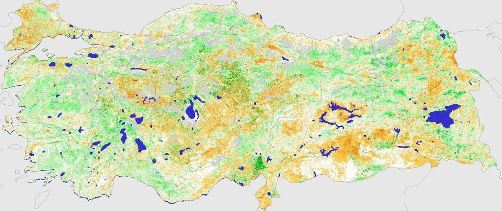 UZAKTAN ALGILAMA DEĞERLENDİRMESİ Modis -Terra uydu görüntülerinden elde edilen NDVI (vejetasyon indeksi) verileri vejetasyon şartlarının izlenmesinde kullanılmaktadır.