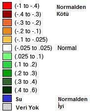 Haritada sarıdan kırmızıya doğru renkler uzun yıllar ortalamasına (normal) göre vejetasyon canlılığında azalmayı, açık yeşilden koyu yeşile doğru renkler vejetasyon canlılığında normale göre artış