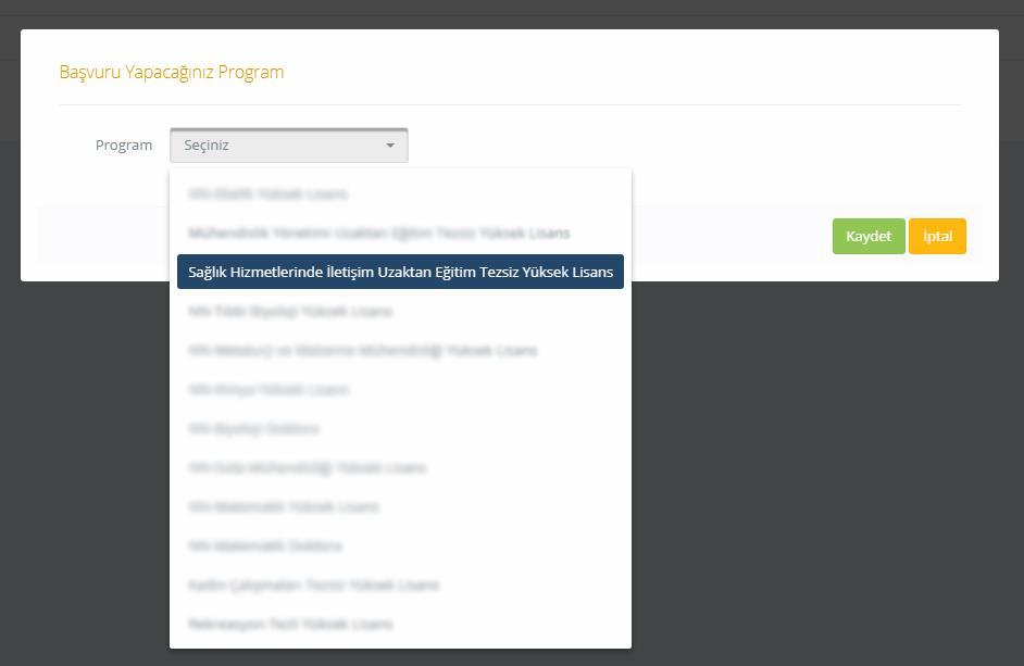 Adım 8: Program seçimi yapılarak Kaydet butonu ile, başvuru yapılacak program seçilip eklenmiş olur.