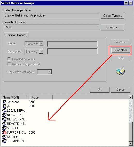 Local Find Now Security>Account ile Policies tüm kullanıcı ile password'ler ve grupların