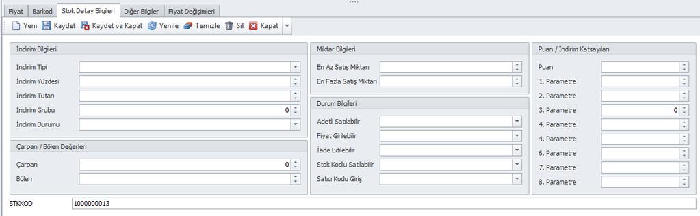 Ürün Stok detay bilgileri Ürüne yönelik detay bilgiler girilir. ( İndirimler yapılabilir tutar,yüzde v.b, ). ürünün durum bilgileri tanımlanır adetli satılabilir satılamaz, iade edilebilir edilemez v.