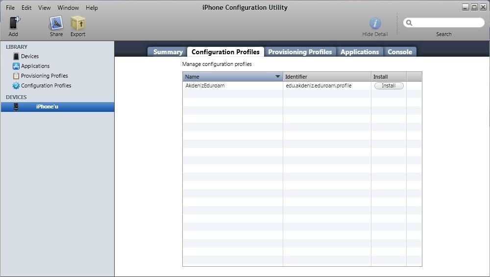 5. DEVICES menüsünden bilgisayara bağlanmış olduğunuz IPhone ya da IPad cihazınızı seçip sağ taraftan Configuration Profiles sekmesine