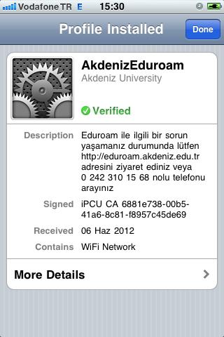 3. Profile Installed ekranındaki Done butonuna tıklayıp kurulumu tamamlayınız.