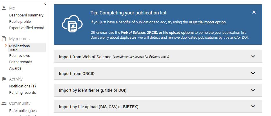 5. My records altındaki Publications butonuna tıklayınız. Açılan sayfada Import Publications tıkladığınızda yayın aktarım seçenekleri sunulmaktadır.