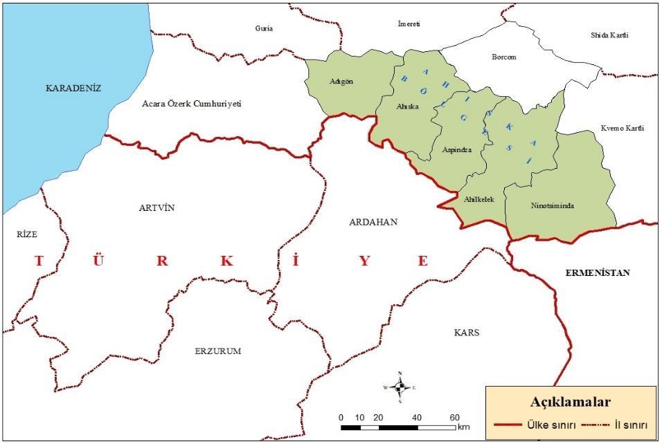 Şekil 1: Ahıska Bölgesi nin lokasyon haritası. 3.1. 1828-1829 Osmanlı-Rus Savaşı ve Sonrasında Yaşanan Göçler Rusya, her zaman Kafkasya daki Müslüman ve Türk ahaliyi kendisine tehdit olarak görmüştür.