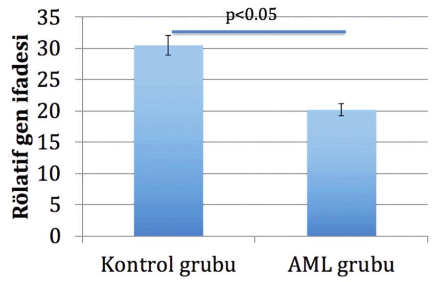 lıklı kontrol ortalama Hb: 12,7±1,6 gr/dl, p<0,05), beyaz küre (BK) sayılarının anlamlı yüksek (AML grubu ortalama BK: 24,8±18,3 (x10 3 ), sağlıklı kontrol ortalama BK: 7,2±2,1x10 3, p<0,05) ve