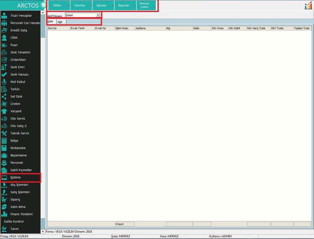 İŞLETME DEFTERİ ANA EKRAN Arctos sol tarafta yer alan menülerden İŞLETME modülü seçilerek işletme defteri modülünde çalışılır. Sayfa genel yapı olarak 4 parçadan oluşmaktadır.