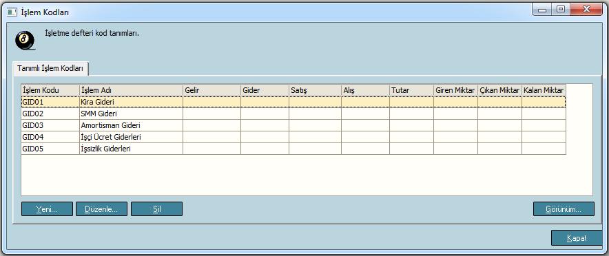3- İşlem Kodları Şekil 4 İşlem Kodları Muhasebe kodları işletme defterinde olmadığı için işletme kendine uygun biçimde bir işlem kod tablosu tanımlar.