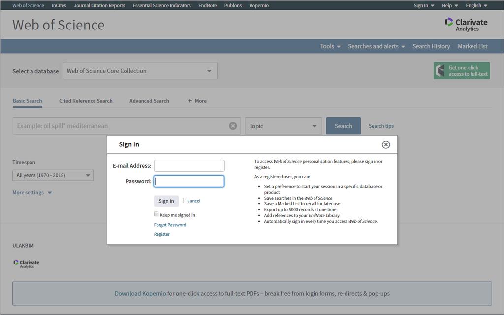 Web of Science Üzerinden Researcher ID Oluşturma, Yayın Tanımlama ve PUBLONS Profili A) Web of Science Kullanıcı Hesabı Oluşturma: 1.