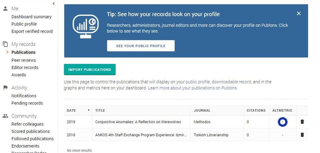My record- publications bölümü ekrana gelerek ana sayfada eklediğiniz yayınları görebilirsiniz.