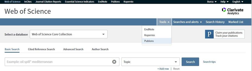 B) Researcher ID Oluşturma, Yayın Tanımlama ve PUBLONS Profili 6.Adım: WOS ta aktif kullanıcı olarak tanımlandığınızı (adınızı) sağ üst köşede görebilirsiniz.